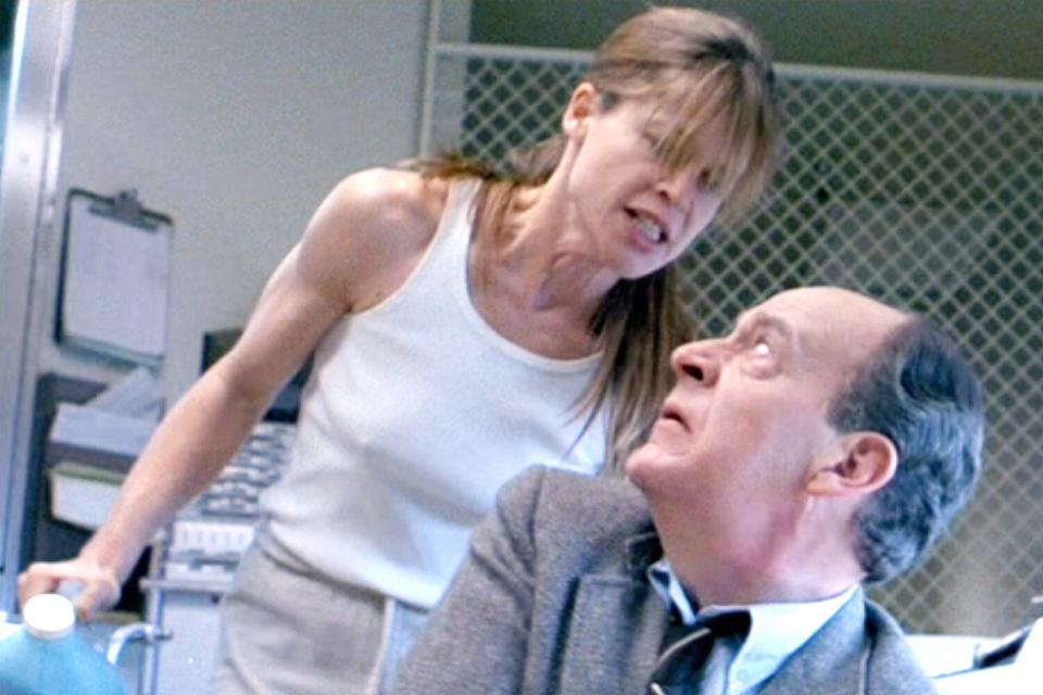 The movie &quot;Terminator 2: Judgment Day&quot;, (alt: T2) directed by James Cameron. Seen here from left, Linda Hamilton (as Sarah Connor) and Earl Boen (as Dr. Silberman).