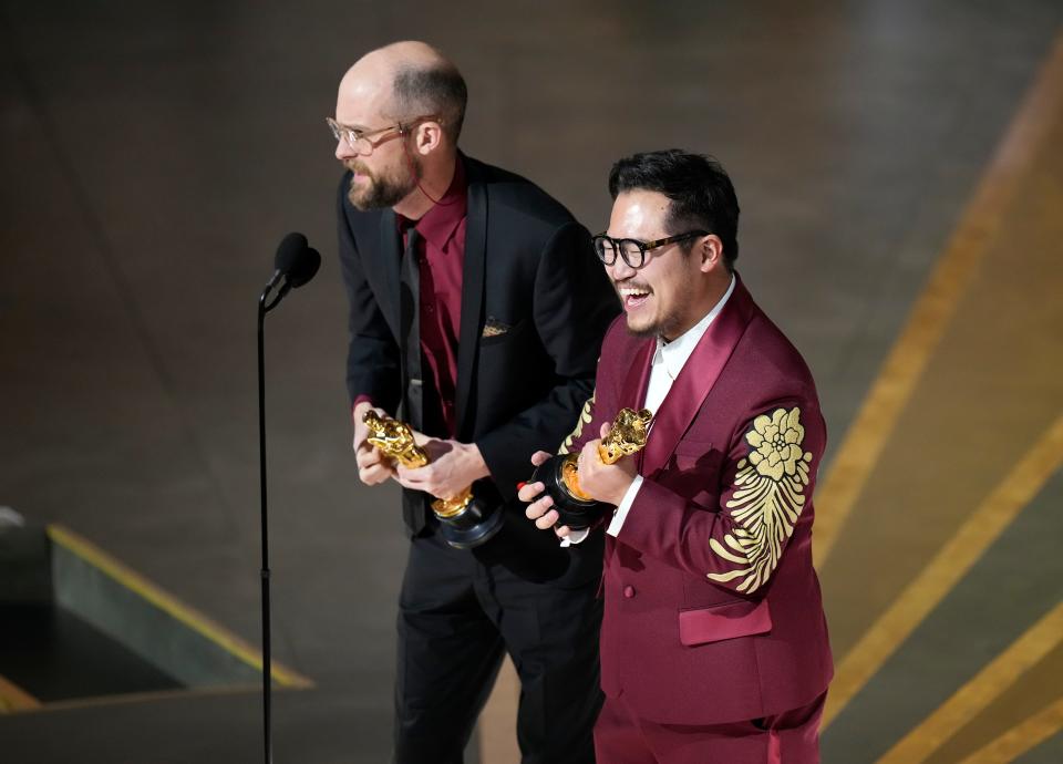 "Everything Everywhere All at Once" filmmakers Daniel Scheinert (left) and Daniel Kwan won Oscars for original screenplay and directing.