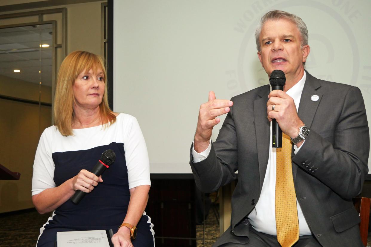 Sarasota County Superintendent of Schools Brennan Asplen speaks at a South County Tiger Bay luncheon in February. At left is moderator Laura Benson.