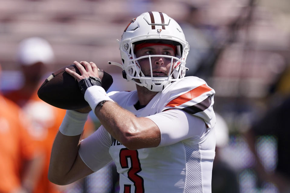 Bowling Green quarterback Matt McDonald passes during the first half of an NCAA college football game against UCLA Saturday, Sept. 3, 2022, in Pasadena, Calif. (AP Photo/Mark J. Terrill)