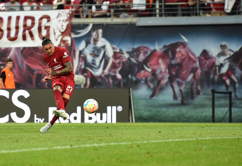 LEIPZIG, GERMANY - JULY 21: ( SUN OUT,THE SUN ON SUNDAY OUT) Darwin Nunez of Liverpool scores the fourth goal making the score  during the pre-season friendly match between RB Leipzig and Liverpool FC at Red Bull Arena on July 21, 2022 in Leipzig, Germany. (Photo by Andrew Powell/Liverpool FC via Getty Images)