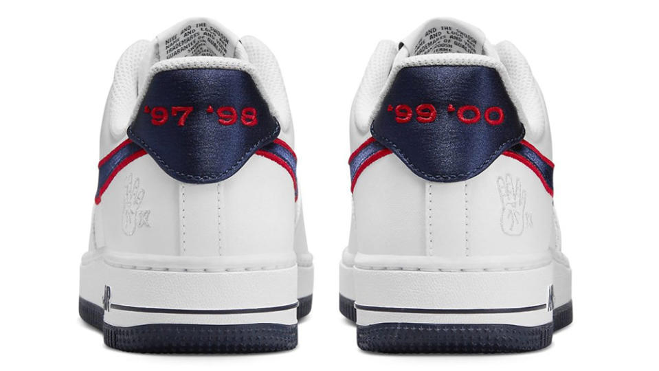 The heel’s view of the Nike Air Force 1 Low “Four-Peat.”