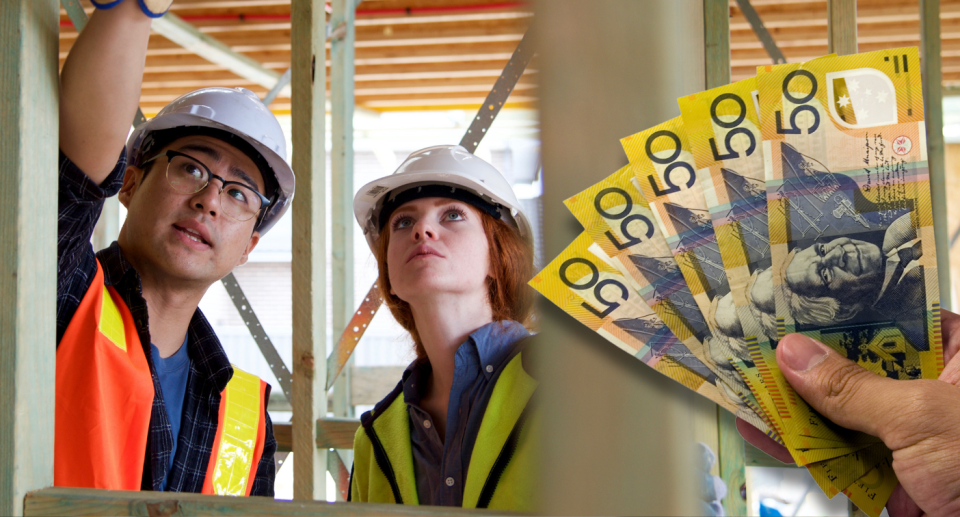 Two people on a construction site next to someone holding wad of $50 notes