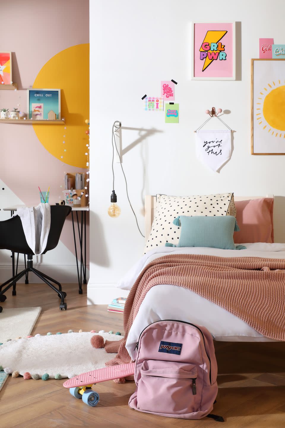 <p>With home schooling coming to the fore during the pandemic, finding a suitable desk space to do school and homework has become ever so important. While the bed is against the white wall, the room is zoned to create a separate area workspace. A pink and white colour scheme with a yellow semicircle brings personality to this girls bedroom.</p><p>Pictured: Rio White Washed Single Bed, <a href="https://go.redirectingat.com?id=127X1599956&url=https%3A%2F%2Fwww.furniturechoice.co.uk%2Fbedroom%2Fbeds%2Frio-white-washed-single-bed_wb10000814&sref=https%3A%2F%2Fwww.housebeautiful.com%2Fuk%2Fdecorate%2Fbedroom%2Fg35589644%2Fgirls-bedroom-ideas%2F" rel="nofollow noopener" target="_blank" data-ylk="slk:Furniture and Choice;elm:context_link;itc:0;sec:content-canvas" class="link ">Furniture and Choice</a></p>