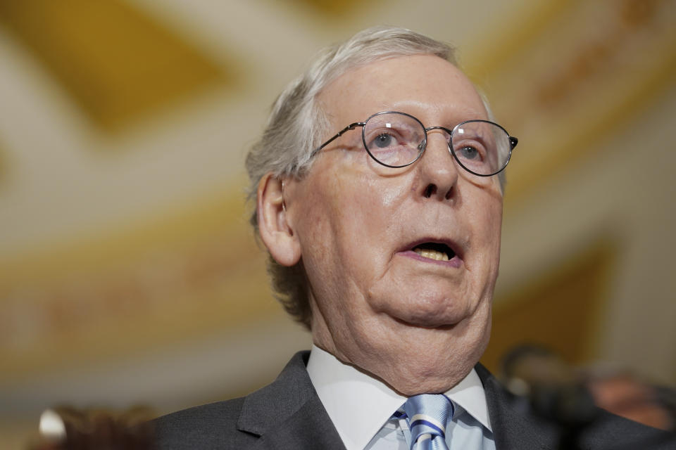 Senate Minority Leader Mitch McConnell, of Ky., speaks during a news conference at the Capitol,, Wednesday, Sept. 7, 2022, in Washington. (AP Photo/Mariam Zuhaib)