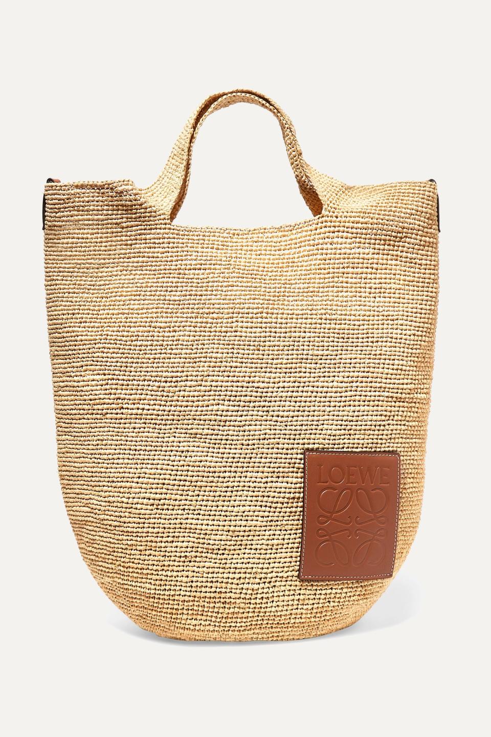 + Paula's Ibiza Slit leather-Trimmed Woven Raffia Tote