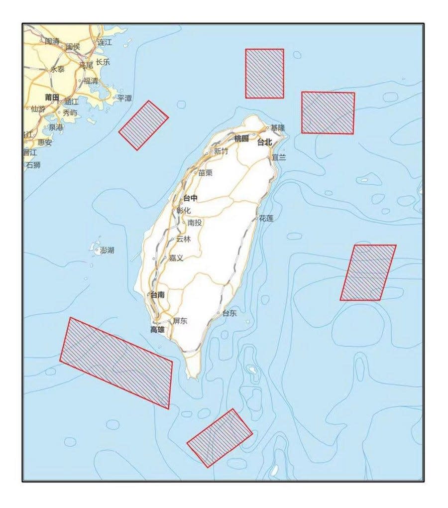 Map showing locations of Chinese military exercises around Taiwan