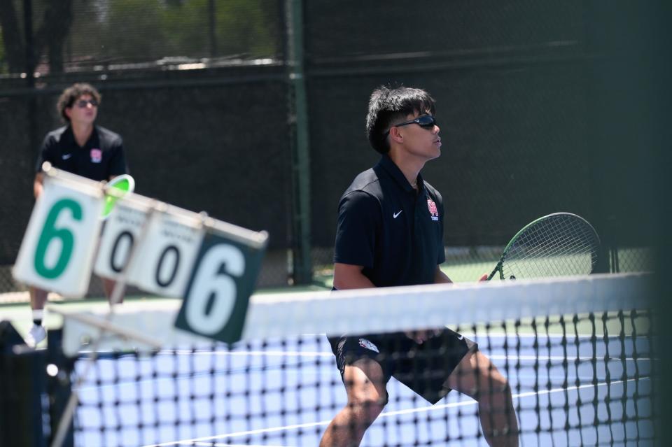 Oak Hill’s Joshue Soto and Pascua Kanoah during the boys tennis Division 6 CIF-Southern Section Finals on Friday, May 10, 2024 at The Claremont Club in Claremont, California. New Roads defeated Oak Hills 11-7.