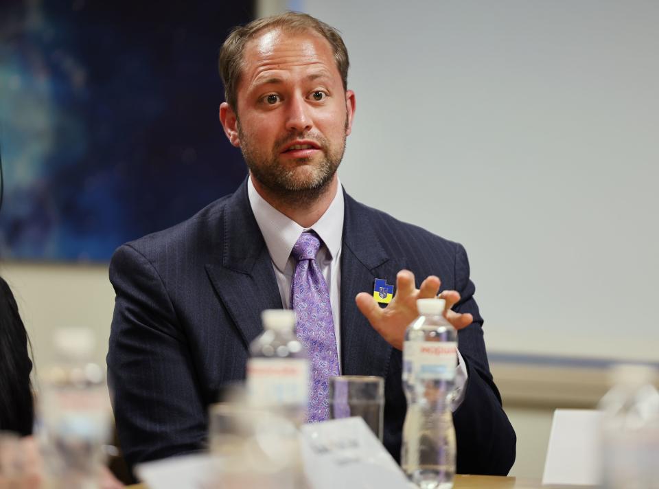 Rep. Jordan Teuscher, R-South Jordan, speaks to U.S. Ambassador to Ukraine Bridget A. Brink during a meeting with members of the Utah trade delegation at the embassy in Kyiv, Ukraine, on Tuesday, May 2, 2023. | Scott G Winterton, Deseret News