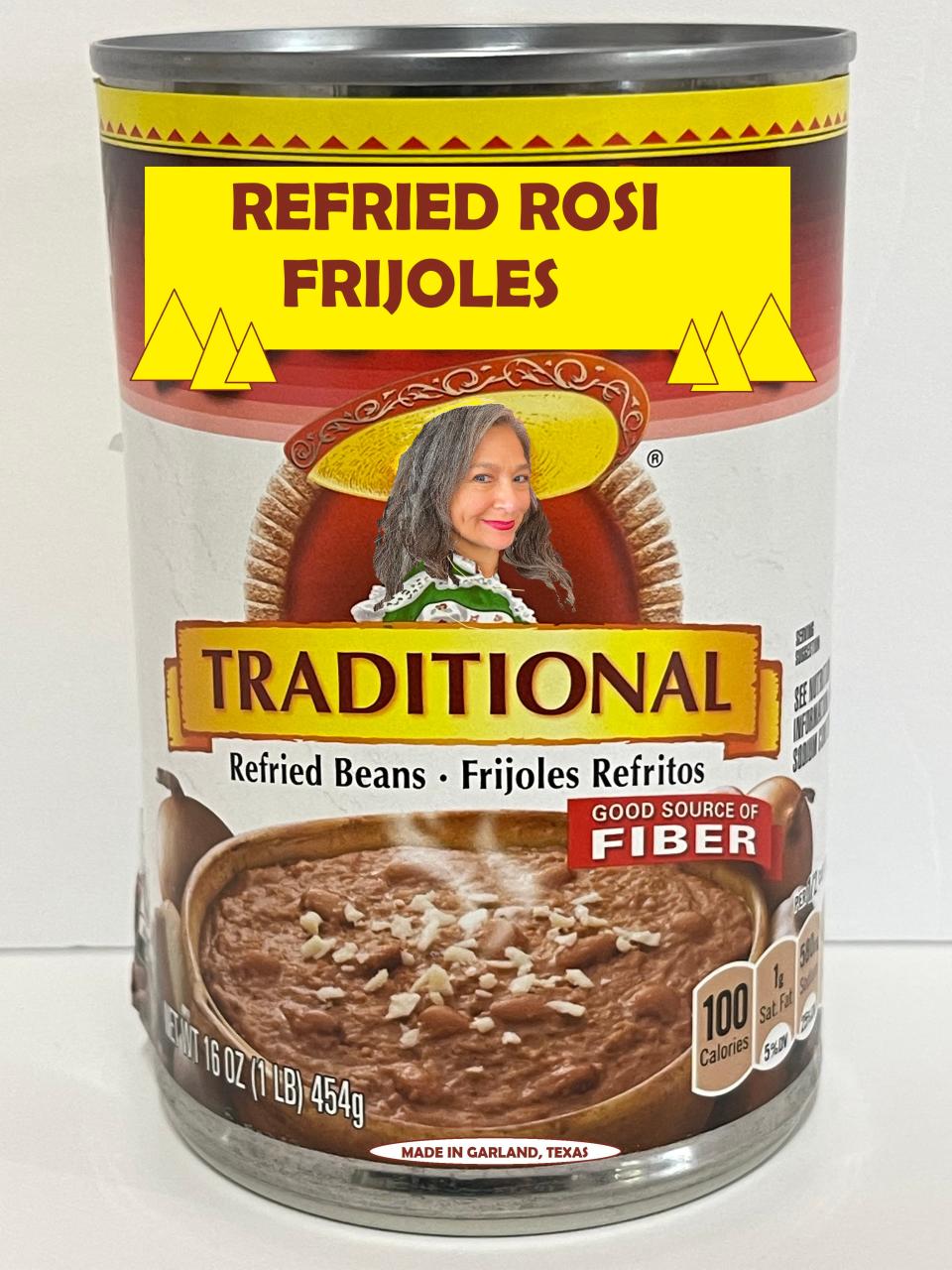 This digitally manipulated image of a can of beans features a likeness of Refried Rosi Frijoles, the main character in a satirical performance art piece that will be performed this fall by Farmington artist Rosemary Meza-DesPlas.