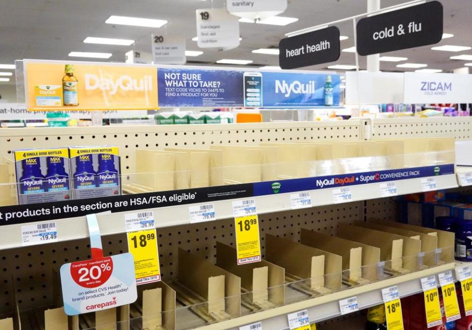 A near-empty cold and flu medicine section at a pharmacy in Burbank. Southern California has been hit by a wave of the flu, Covid and RSV.