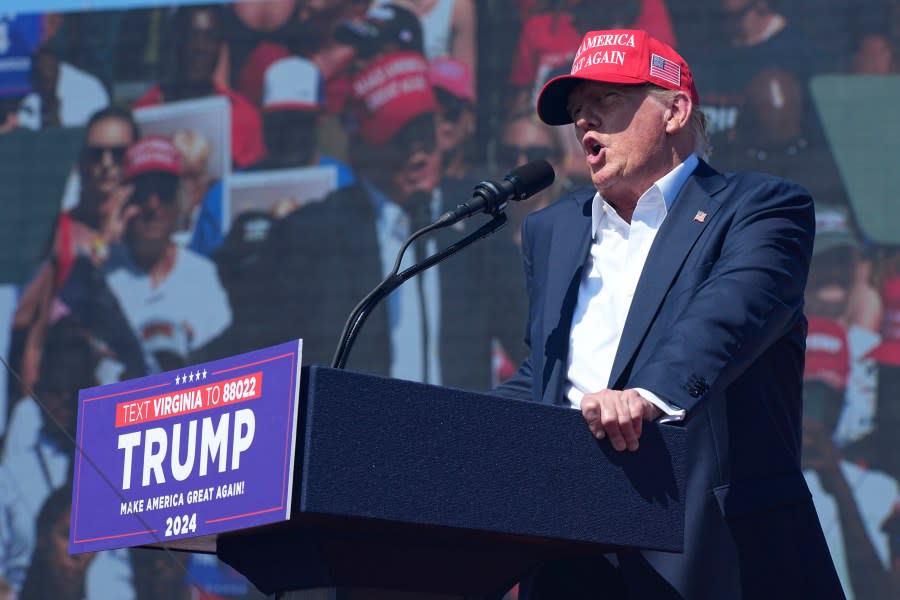 Republican presidential candidate former President Donald Trump speaks at a campaign rally in Chesapeake, Va., Friday June 28, 2024. (AP Photo/Steve Helber)