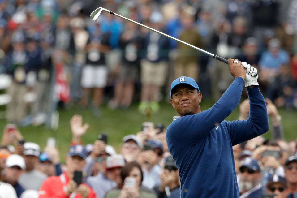 Tiger Woods watches his tee shot on the fourth hole during the second round of the U.S. Open golf tournament on June 14, 2019, in Pebble Beach, Calif.