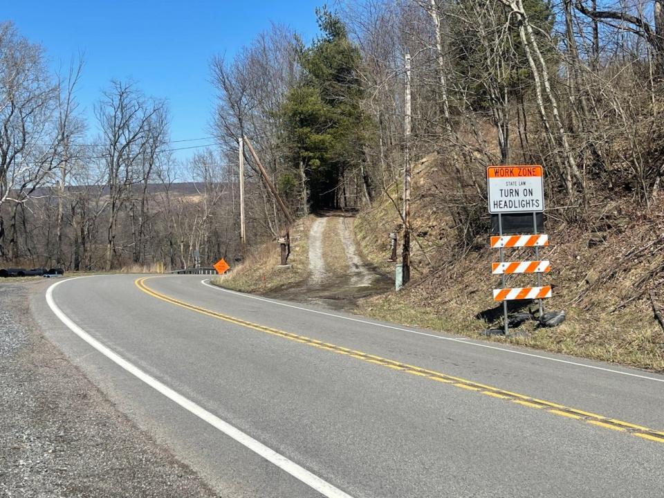 Signs are in place along Route 403 near Hooversville, alerting motorists to a road project north of the borough that starts on Monday. Route 403 will be reduced to one lane in the work area until the work is completed in June.