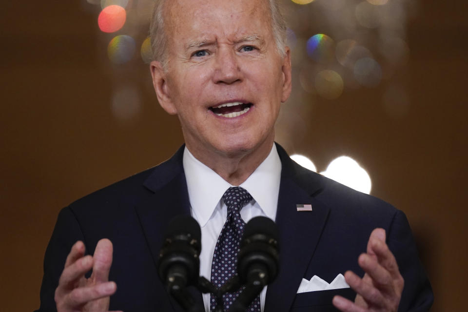 President Joe Biden speaks about the latest round of mass shootings, from the East Room of the White House in Washington, Thursday, June 2, 2022. Biden is attempting to increase pressure on Congress to pass stricter gun limits after such efforts failed following past outbreaks. (AP Photo/Evan Vucci)