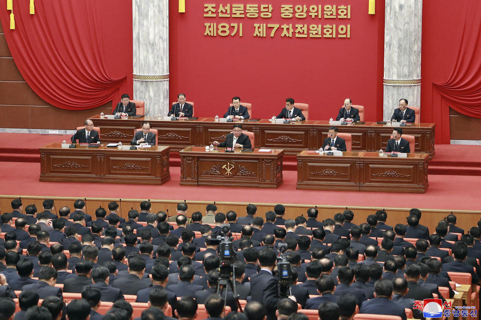 In this photo provided by the North Korean government, North Korean leader Kim Jong Un, front center on stage, attends a meeting of the ruling Workers’ Party at its headquarters in Pyongyang, North Korea Sunday, Feb. 26, 2023. Independent journalists were not given access to cover the event depicted in this image distributed by the North Korean government. The content of this image is as provided and cannot be independently verified. Korean language watermark on image as provided by source reads: "KCNA" which is the abbreviation for Korean Central News Agency. (Korean Central News Agency/Korea News Service via AP)