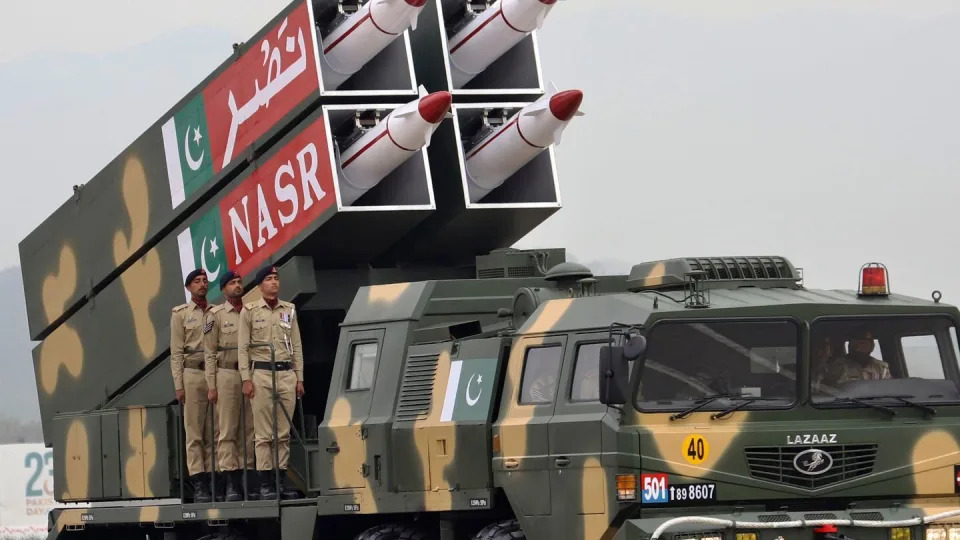 Pakistan-made ballistic missiles NASR and their launcher are displayed during a military parade in Islamabad, Pakistan, on March 23, 2024. (AP)