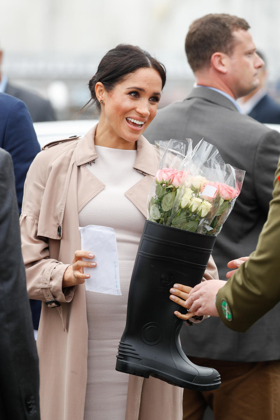 Meghan Markle received a gumboot filled with roses during an appearance in Auckland, New Zealand. Photo: Getty