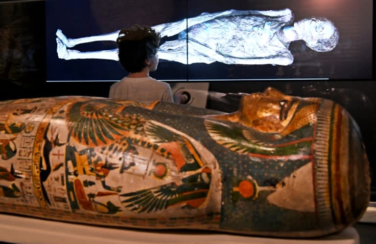 A young visitor looks at a 3D image of a CT scan of an Egyptian mummy, during a preview for a joint British-Australian exhibition in Sydney