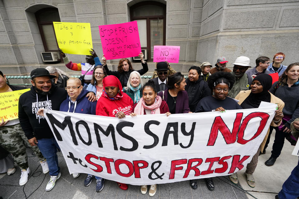 Demonstrators with the The 100 Moms Coalition of Philadelphia and their supporters protest against stop-and-frisk, at City Hall in Philadelphia, Thursday, April 27, 2023. In Philadelphia's first mayoral race since crime spiked during the coronavirus pandemic, the crowded Democratic field is trying to make public safety a campaign cornerstone, advocating approaches that range from mental health interventions and cleaner streets to echoes of “tough-on-crime” Republican rhetoric. (AP Photo/Matt Rourke)