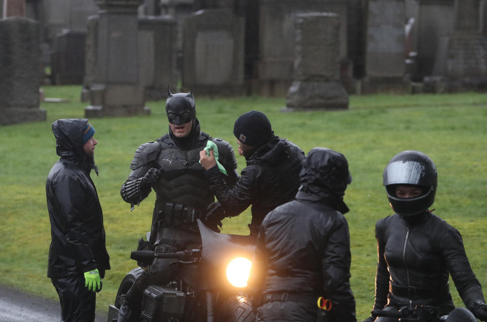 A man dressed as Batman during filming at the Glasgow Necropolis cemetery for a new movie for the surperhero franchise. (Photo by Andrew Milligan/PA Images via Getty Images)