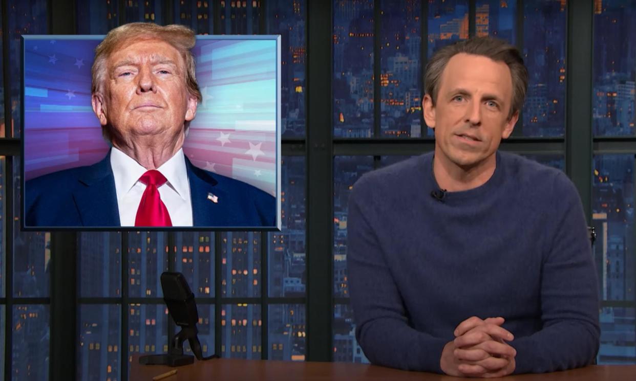<span>Seth Meyers: ‘We actually have learned one new thing about Donald Trump that we didn’t know when he was president: the guy fucking loves court. He’s always there.’</span><span>Photograph: YouTube</span>