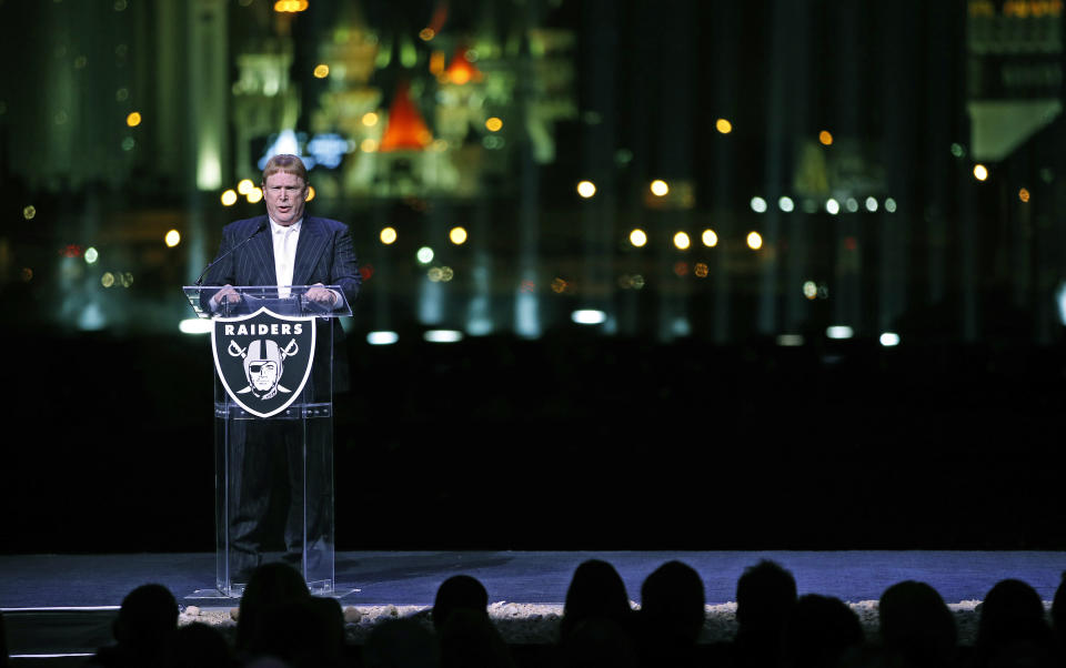 Oakland Raiders owner Mark Davis speaks during a ceremonial groundbreaking for the NFL football teams stadium Monday, Nov. 13, 2017, in Las Vegas. (AP Photo/John Locher)