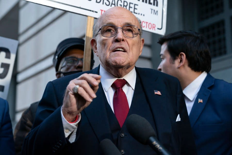 FILE – Former Mayor of New York Rudy Giuliani speaks during a news conference outside the federal courthouse in Washington, Dec. 15, 2023. Arizona attorney general Kris Mayes says Giuliani has been served an indictment in the state’s fake elector case alongside 17 other defendants for his role in an attempt to overturn former President Donald Trump’s loss to Joe Biden in the 2020 election. Mayes posted the news regarding the Trump-aligned lawyer on her X account late Friday, May 17, 2024. (AP Photo/Jose Luis Magana, File)