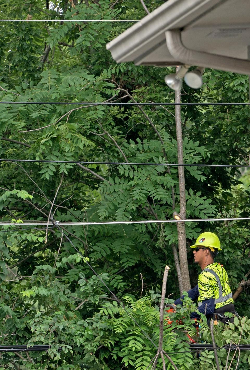 Meade (out of Chicago) and Wright Tree Service work on areas without power on Camelback Drive, Monday, July 3, 2023 and the area. The companies are contracted by AES.