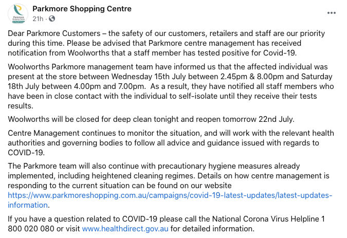 Parkmore Shopping Centre confirmed the news on its Facebook page on Tuesday. Source: Facebook