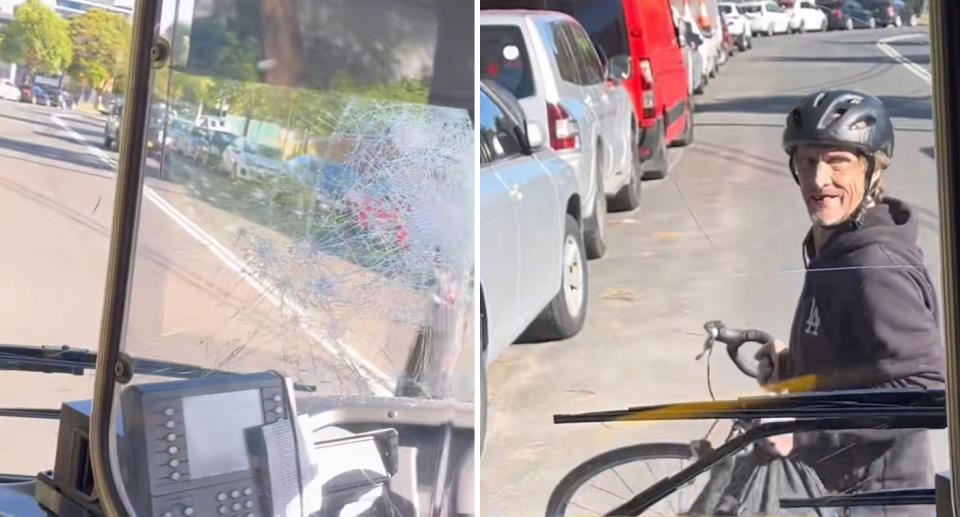 A photo of the shattered bus screen. A photo of the man walking away with his bike and backpack. 