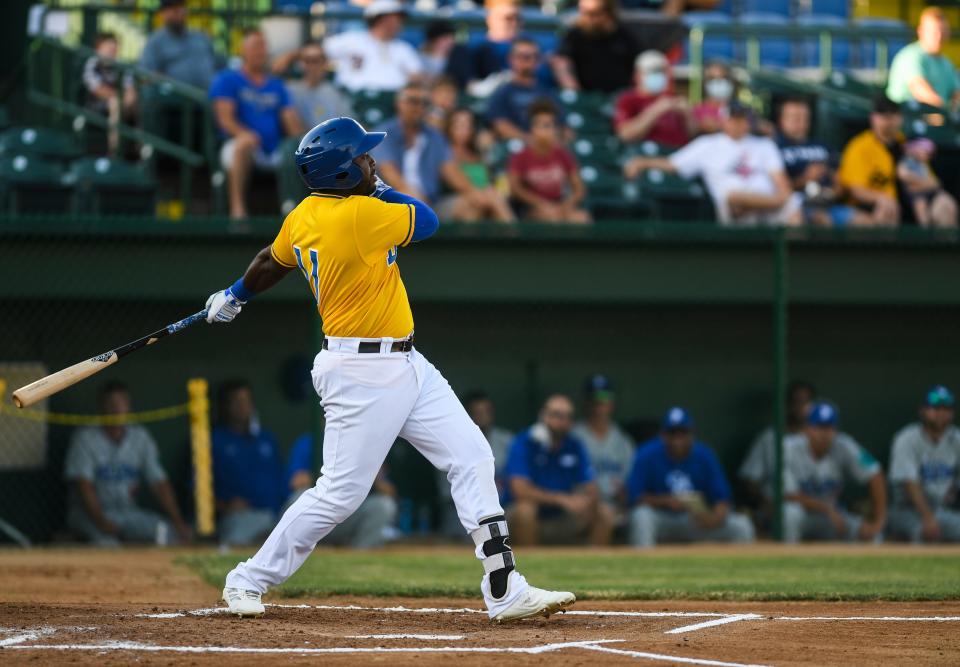Canaries outfielder Jabari Henry hits a home run during the game against the Saints on Friday, July 3, 2020 in Sioux Falls, S.D.