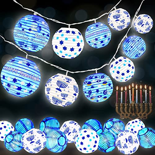 TURNMEON Hanukkah Lantern String Lights Hanukkah Decorations, 9 Ft 10 LED Battery Operated 3 Inch Hanukkah Ball Paper Lanterns Lights Hanukkah Decoration Holiday Bedroom Party Decoration(Warm White)