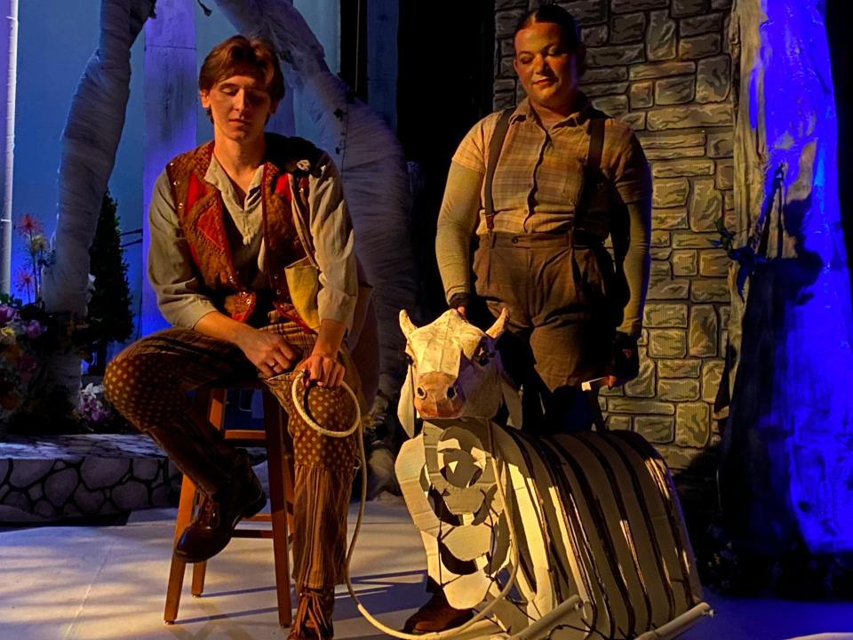 Sitting on the stool is Holden Evans (Jack) and to the right, Keegan Fillinger (Puppeteer for Milky White) from the cast of "Into the Woods."
