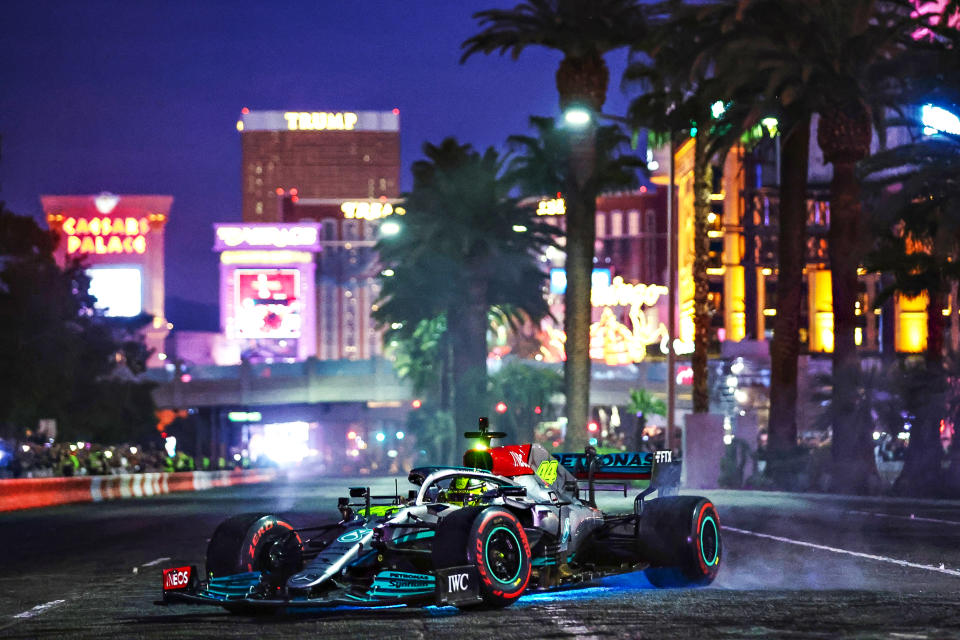 Lewis Hamilton of Mercedes during the Formula 1 Las Vegas Grand Prix 2023 launch party on Nov. 5, 2022 on the Las Vegas Strip. (Dan Istitene / Formula 1 via Getty Images file)