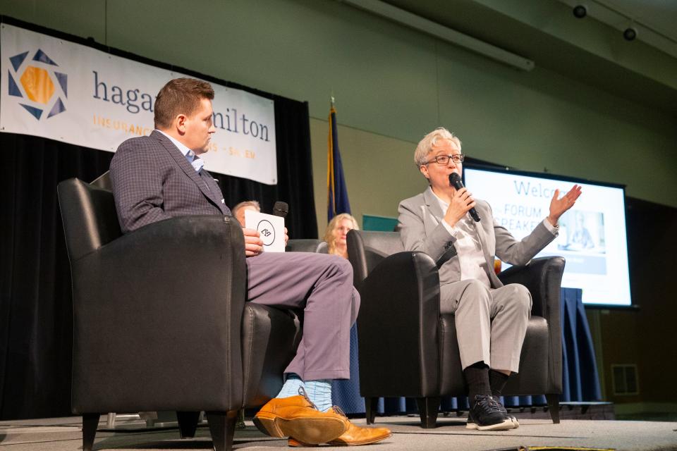 Gov. Tina Kotek speak Monday during a Salem Chamber of Commerce former on Monday.