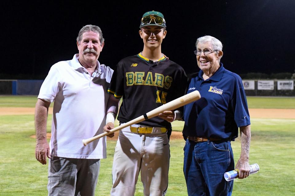 Sierra Pacific’s Jacob Mainer, center, was the MVP of the 61st annual Exeter Lions East/West High School All-Star Baseball Game, Saturday, June 12, 2022 at Lions Stadium in Exeter.