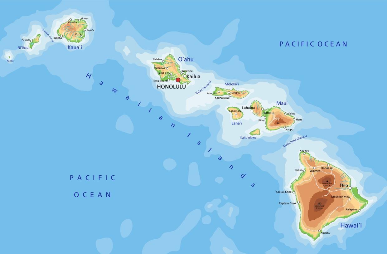 High detailed Hawaii physical map with labeling. Organized vector illustration on seprated layers.