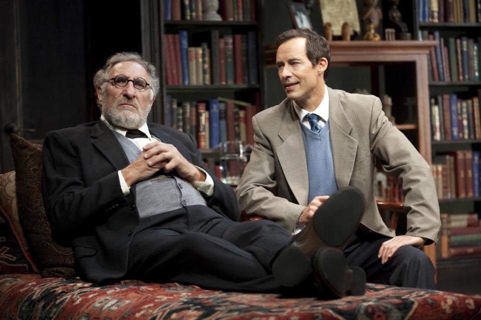 This 2012 theater image released by Jim Randolph Media Relations shows Judd Hirsch as Sigmund Freud, left, and Tom Cavanagh as C. S. Lewis in Mark St. Germain's "Freud's Last Session," performing at The Broad Stage in New York. (AP Photo/Jim Randolph Media Relations, Carol Rosegg)