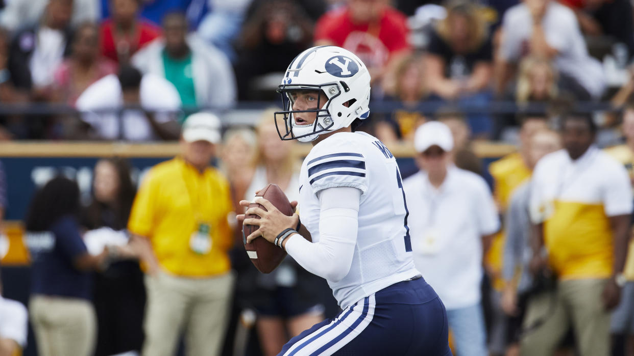 Brigham Young quarterback Zach Wilson (1) in action against the Toledo during an NCAA football game on Saturday, Sept. 28, 2019 in Toledo, Ohio. (AP Photo/Rick Osentoski)