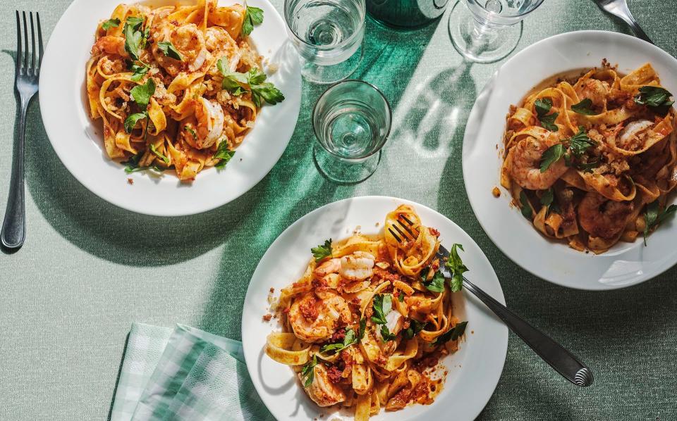 Tagliatelle with 'nduja prawns parsley lemon and fried crumbs - Haarala Hamilton