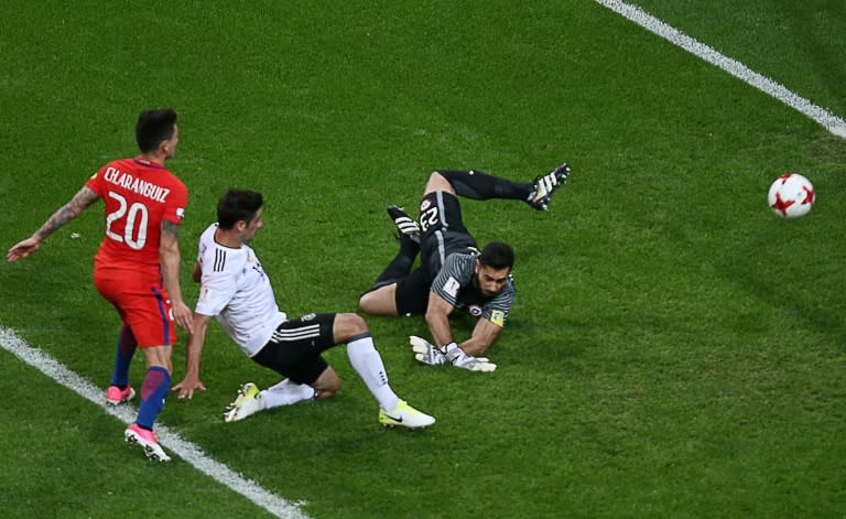 Germany's midfielder Lars Stindl (C) scores a goal past Chile's goalkeeper Johnny Herrera on June 22, 2017