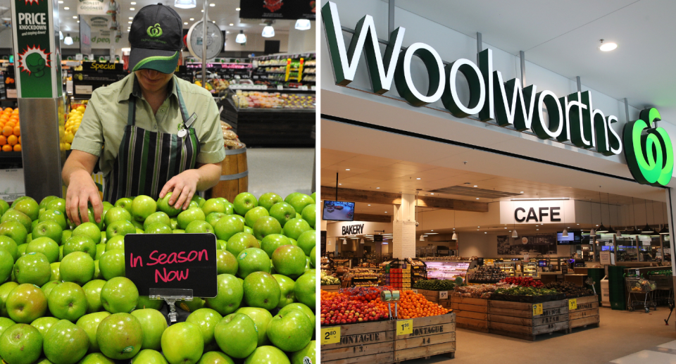 Woolworths worker next to entrance to a Woolworths supermarket