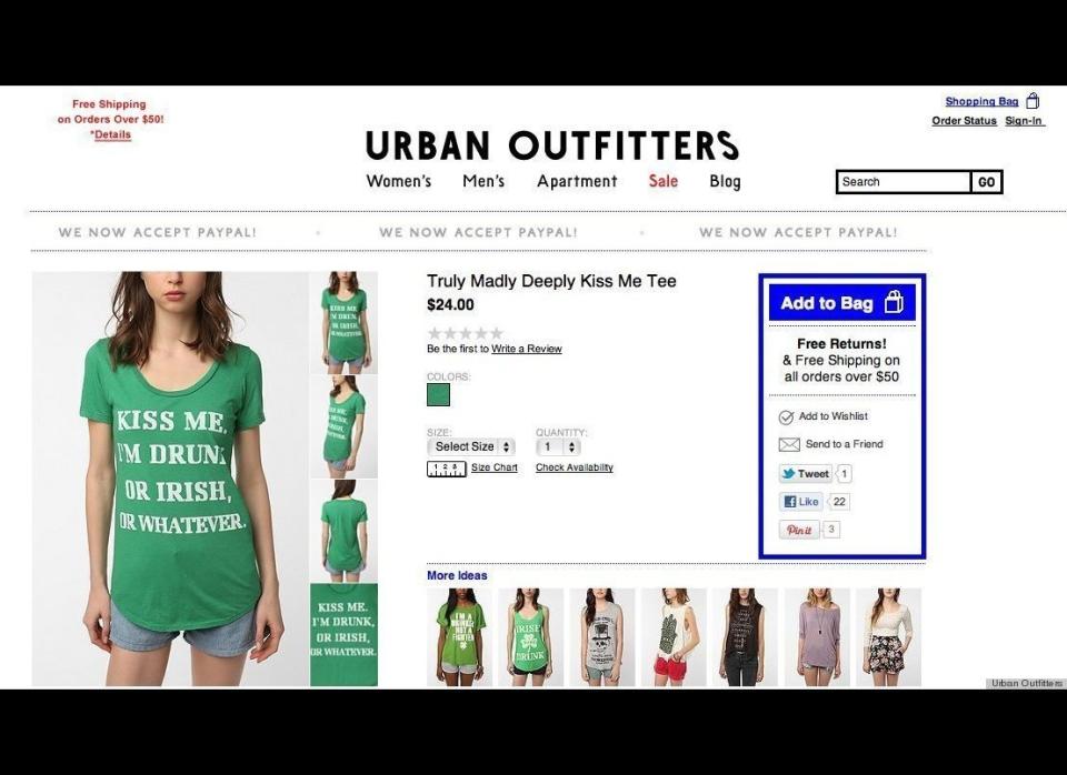 Another derogatory t-shirt against Irish and Irish-Americans saying: "Kiss me. I'm Drunk, or Irish, or whatever."     (<a href="http://www.huffingtonpost.com/2012/03/01/urban-outfitters-st-patricks-day-clothes-_n_1313242.html" target="_hplink">Urban Outfitters</a>)