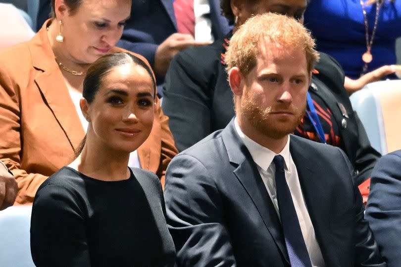 Prince Harry (R) and Meghan Markle (L), the Duke and Duchess of Sussex, attend the 2020 UN Nelson Mandela Prize award ceremony at the United Nations in New York on July 18, 2022.