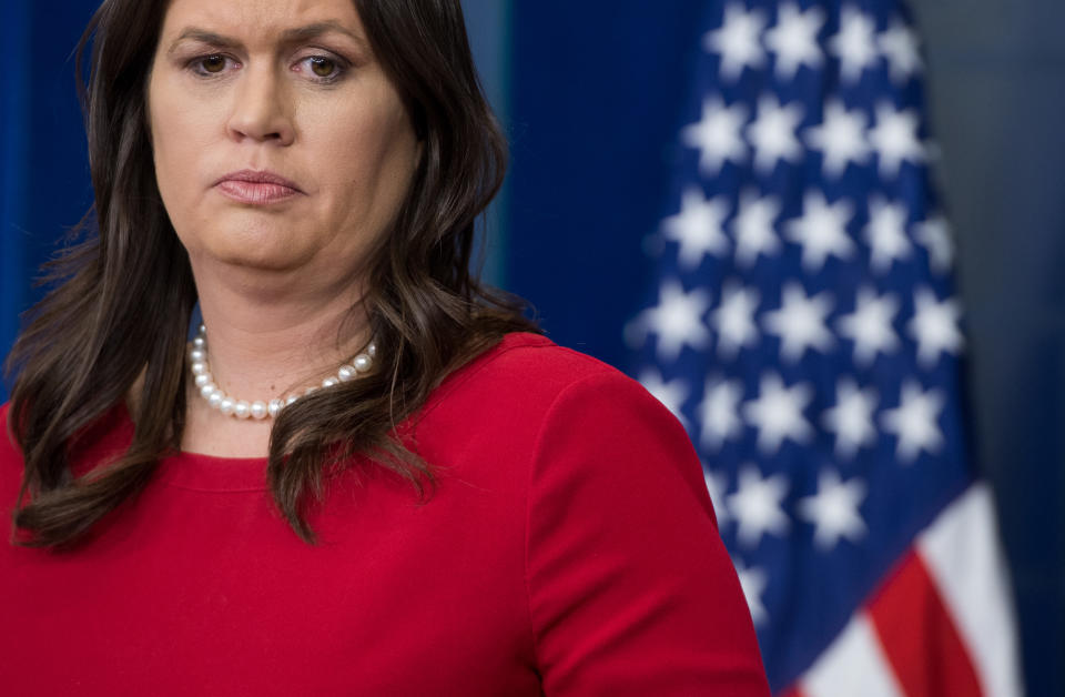 White House press secretary Sarah Huckabee Sanders at the daily White House press briefing on Thursday. (Photo: Saul Loeb/AFP/Getty Images)