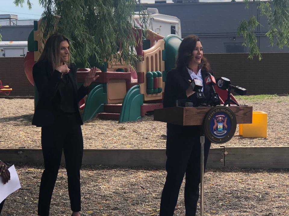 Gov. Gretchen Whitmer announces an incentive program for workers returning to the job and a $1.4 billion plan to expand access to child care during a news conference at a Troy daycare center on Monday, June 14, 2021.