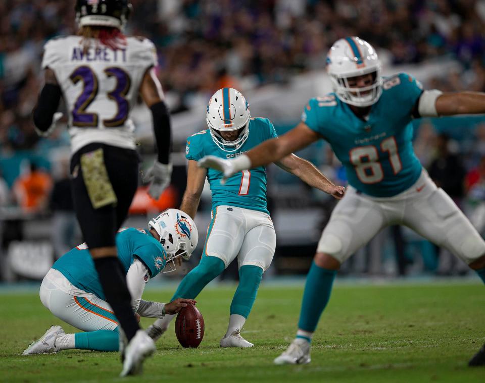 Miami Dolphins kicker Jason Sanders (7), kicks a field goal Nov. 11 against the Baltimore Ravens at Hard Rock Stadium in Miami Gardens. Sanders had three field goals in the Dolphins' 22-10 victory.