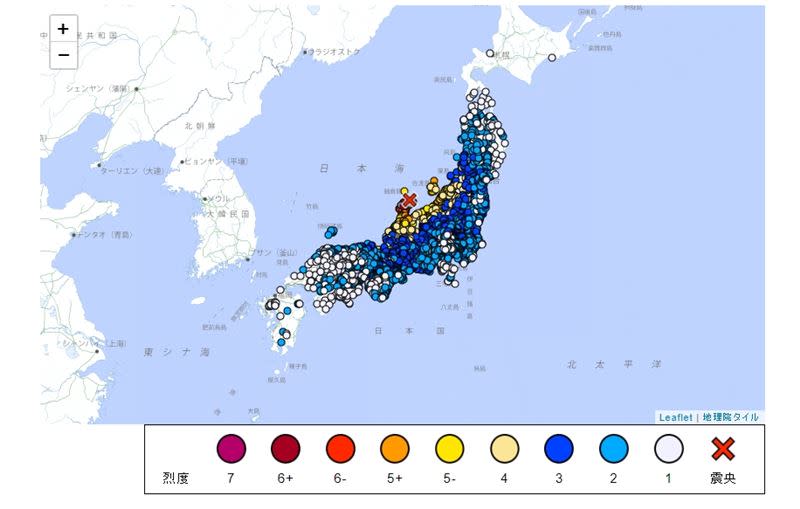 日本石川縣能登地區今日下午發生多起地震，最大規模7.6。（圖／翻攝自日本氣象廳）