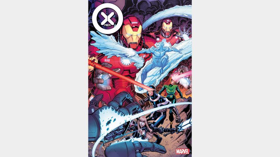 X-Men fighting a giant Iron Man